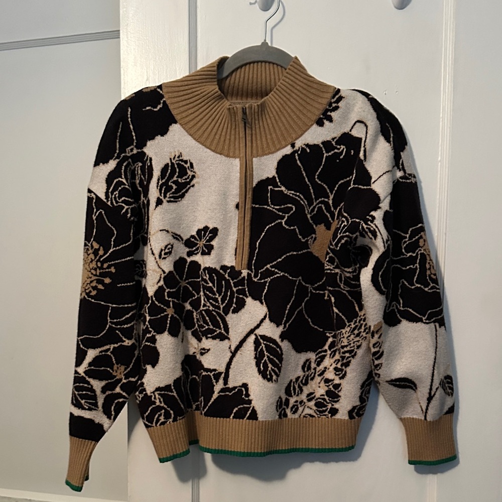 Maeve Floral Half-Zip Teddy Jacket in Black, Cream & Tan